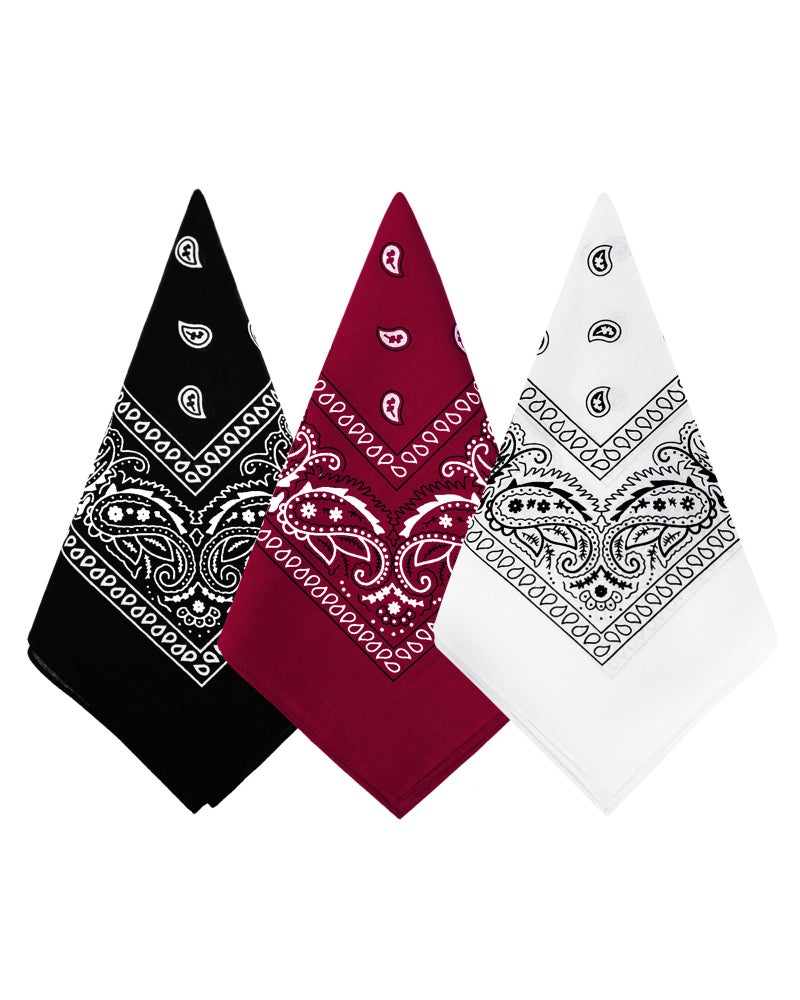 Bycc Bynn 3 Pack 100% Cotton Paisley Bandanas Square Scarf Headwear (Black + Burgundy + White) - Image 1
